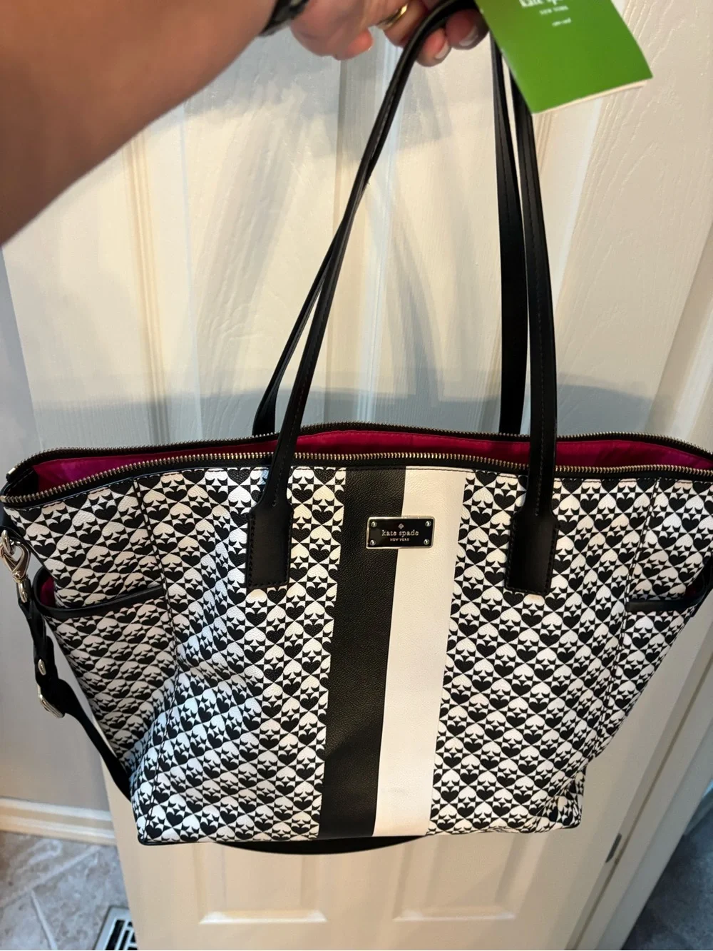 Kate Spade Black & White Quilted Stripe Tote - Diaper Bag with Pink Interior